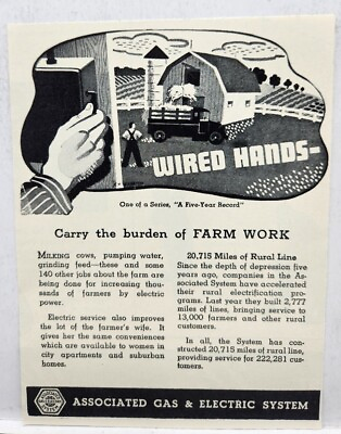 #ad 1937 Associated Gas Electric Farm Work Wired Hands Print Ad Poster Man Cave Art $10.88