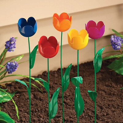 #ad Set of 5 Colorful Spring Tulip Metal Garden Stakes Outdoor Flower Yard Art Decor $21.98
