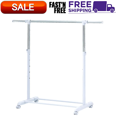 #ad Adjustable Rolling Garment Rack Metal Chrome White 47.64W x 17.32D x 64.17H $11.89