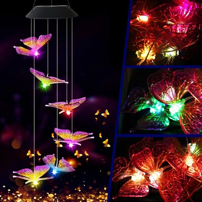 #ad Solar Color Changing LED Large 6 Butterfly Wind Chimes Home Garden Decor Light $13.96
