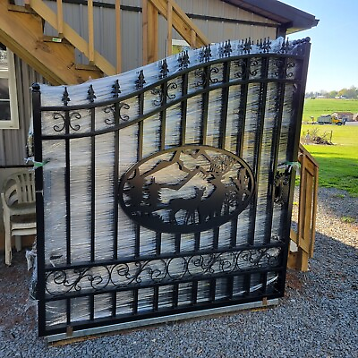 #ad 14 FT Double Swing Wrought Iron Steel Driveway Gates Powder Coated Deer Design $950.00