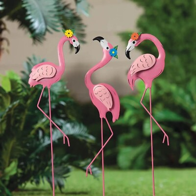 #ad Set of 3 Pretty In Pink Flamingo Metal Garden Planter Stakes Yard Lawn Art Decor $27.53