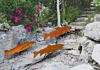 #ad Large Fish Garden Stakes Set of 3 Trout Fishes Rusty Metal Garden Art Decor $99.99